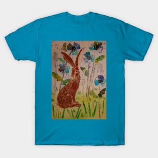 Hare among Blue Poppies Collage T-Shirt